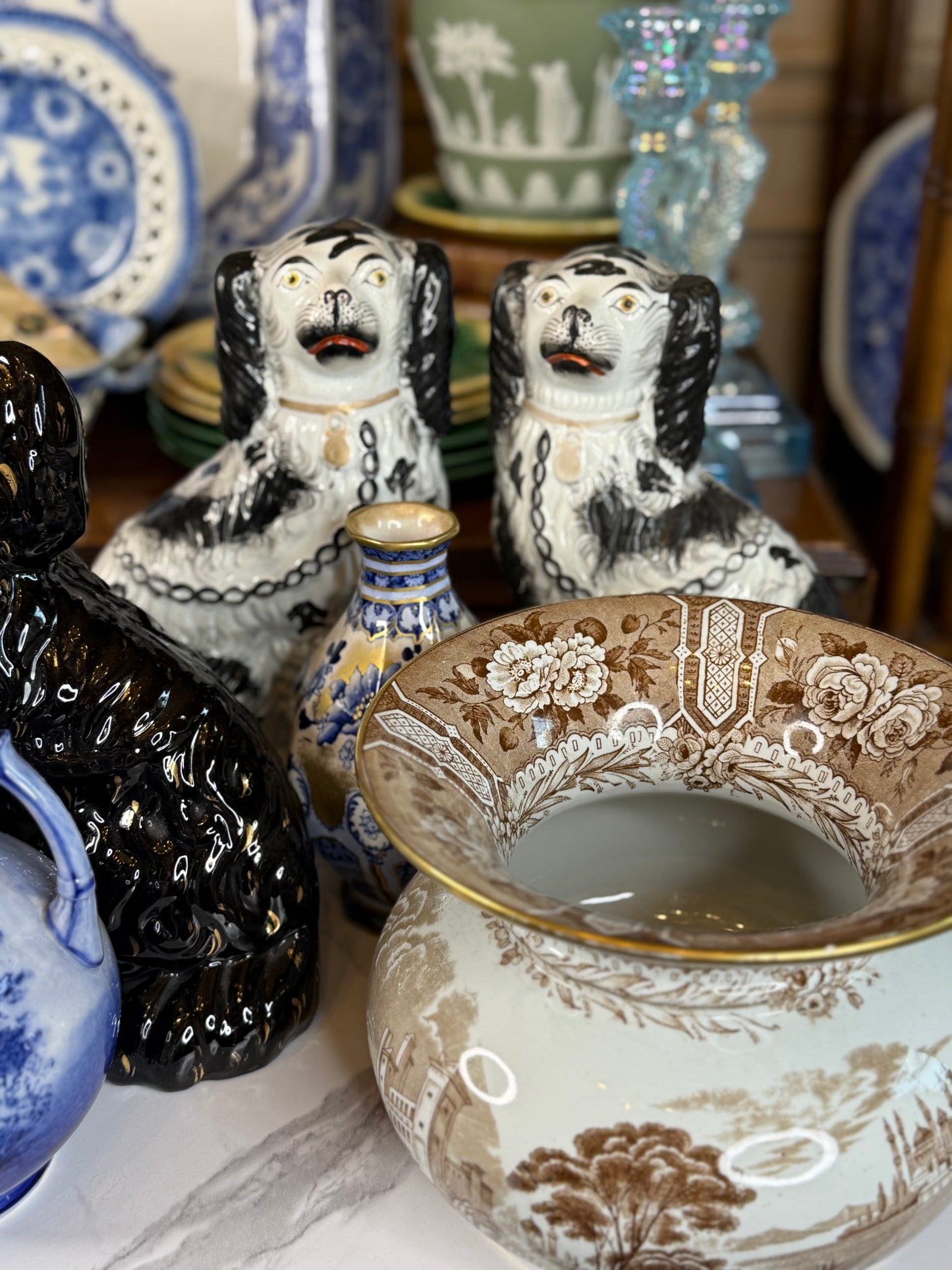 Pair of Antique Cauldon Brown & White Spittoons | Circa 1900 | 5.5"H x 7.5"D Each | Style DA4343