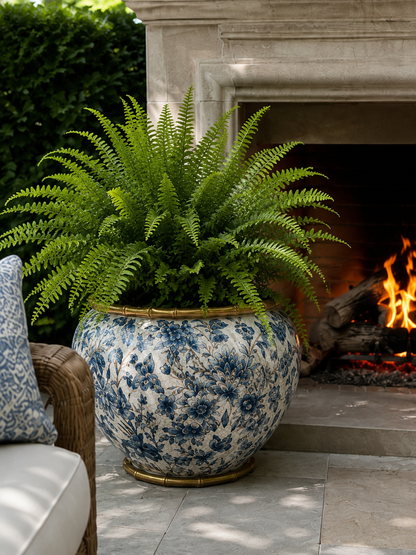 Danny’s Fine Porcelain - Midnight Garden Porcelain Floral Round Planter W/ Bronze Ormolu, 12"L x 12"W x 9"H