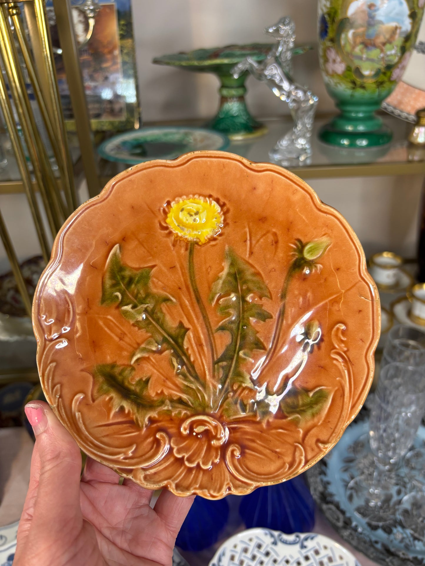 Stunning antique majolica dandelion plate!