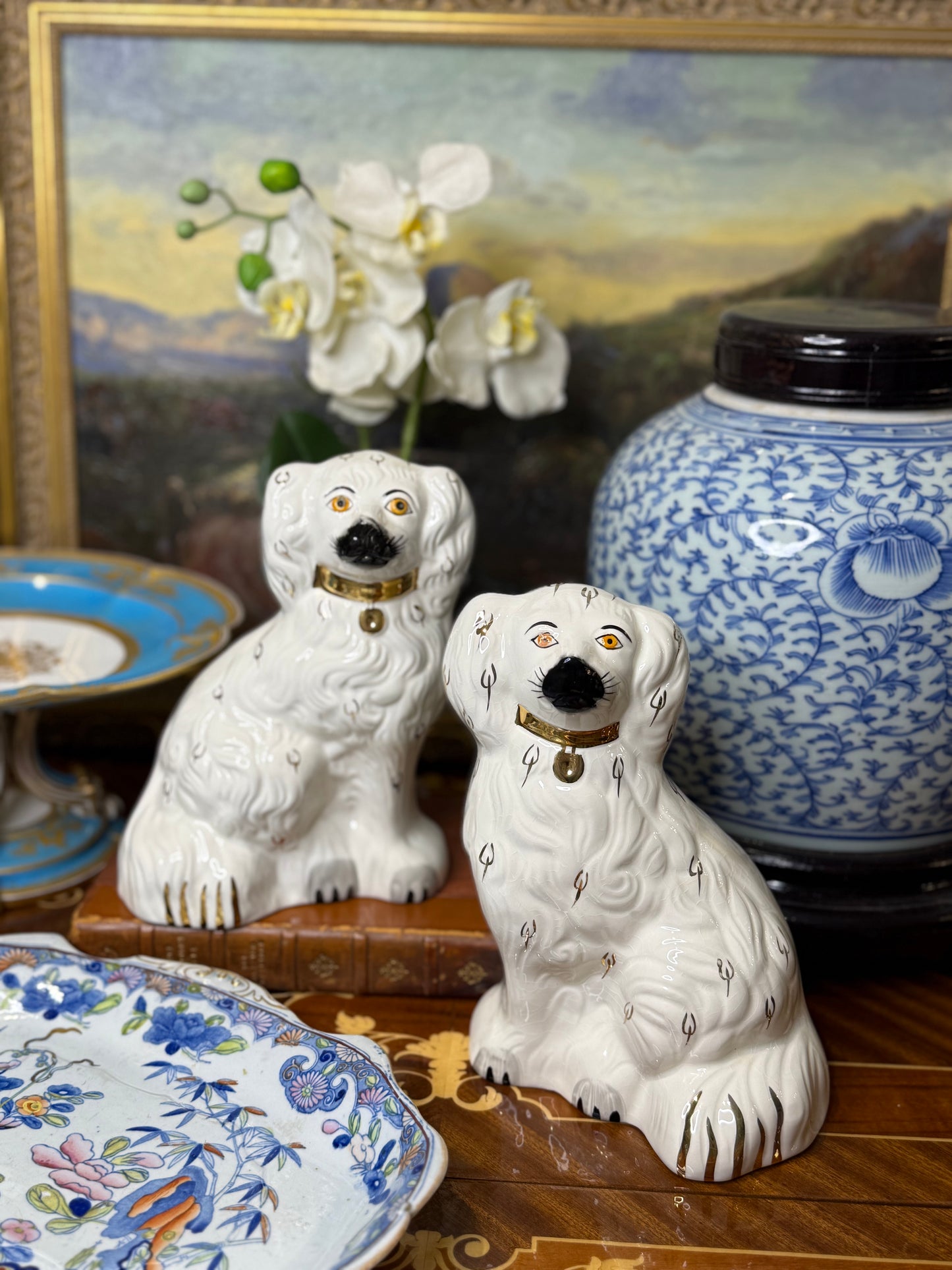 Pair of Beswick England Spaniel Figures | White Glaze with Gilt Collars | 8”