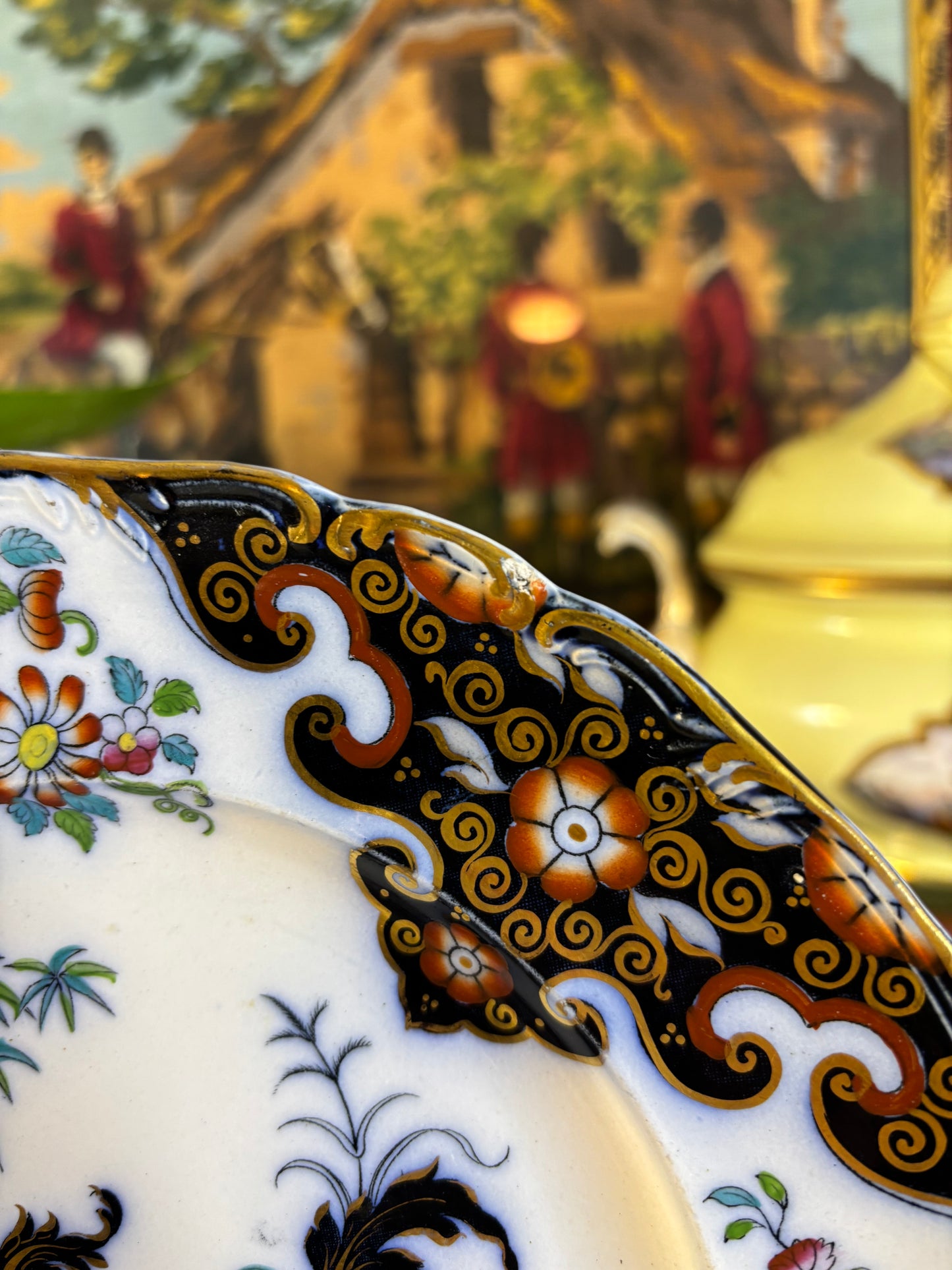 Antique Flow Blue dinner plate in the "Borneo" pattern by Ridgway & Abington!