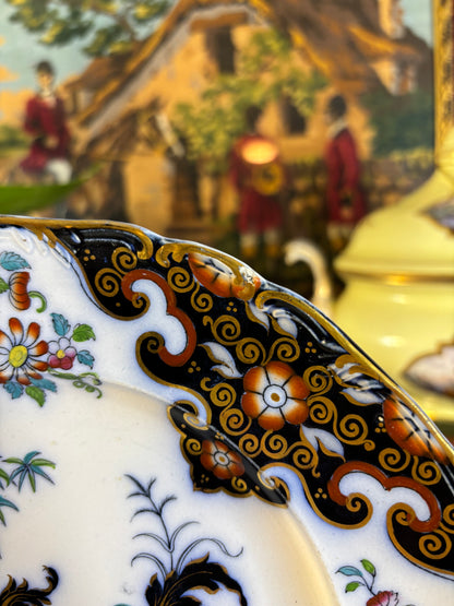 Antique Flow Blue dinner plate in the "Borneo" pattern by Ridgway & Abington!