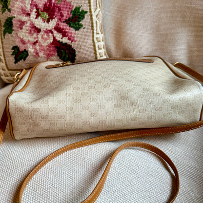 Vintage Gucci GG Monogram Neutral Cream Brown Leather Trim Crossbody Handbag