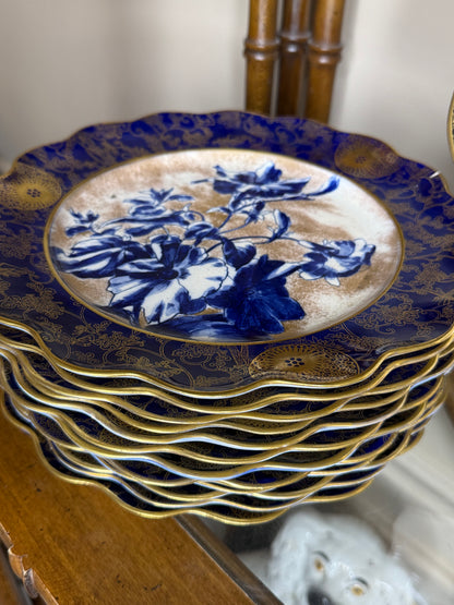 Antique Doulton Burslem “Blue Iris” Platter & (12) Scalloped 9.5”D Plates | England, c. 1890–1902
