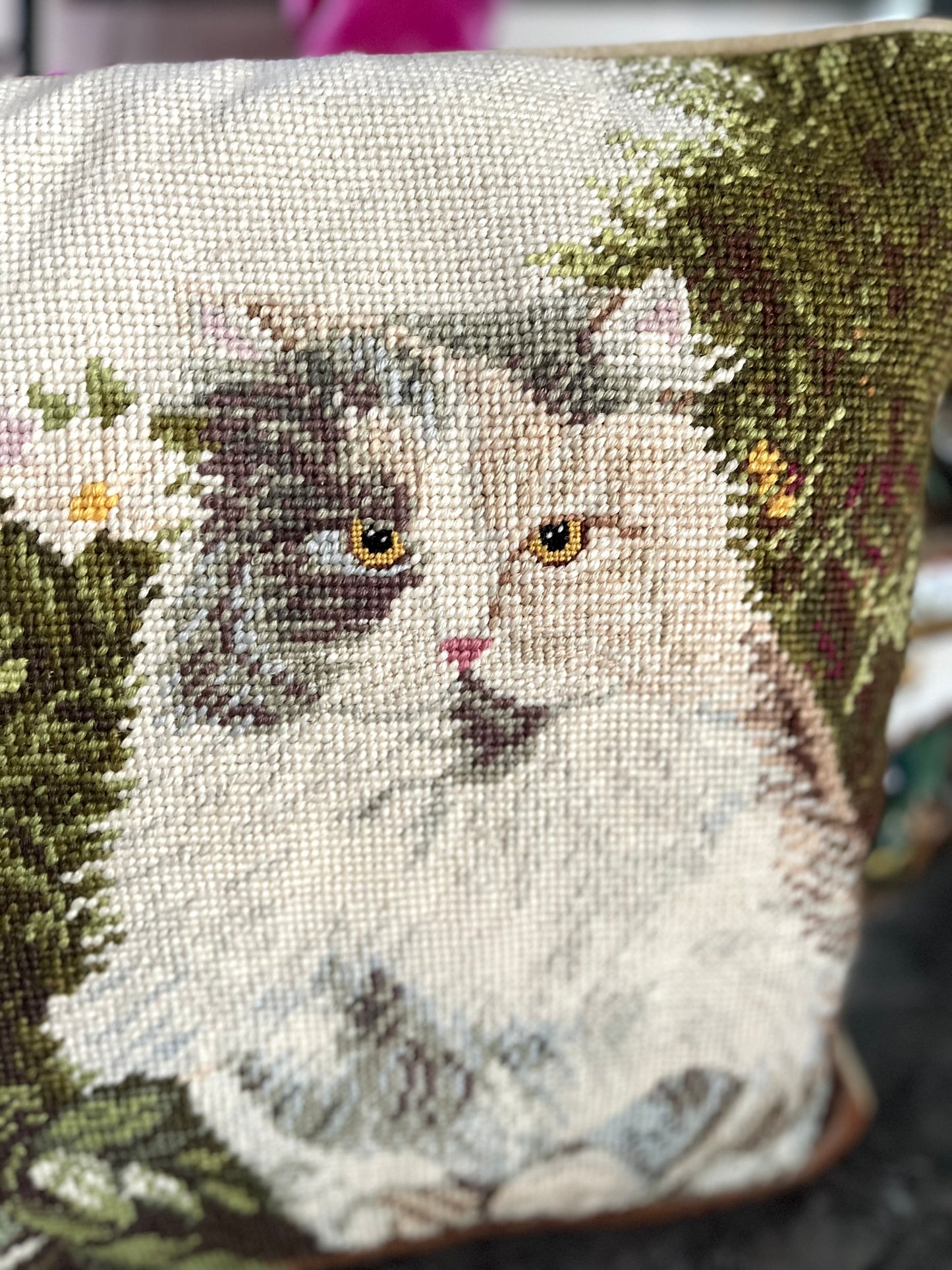 Lovely Large Vintage Needlepoint Cat Pillow - Zippered - Includes Insert