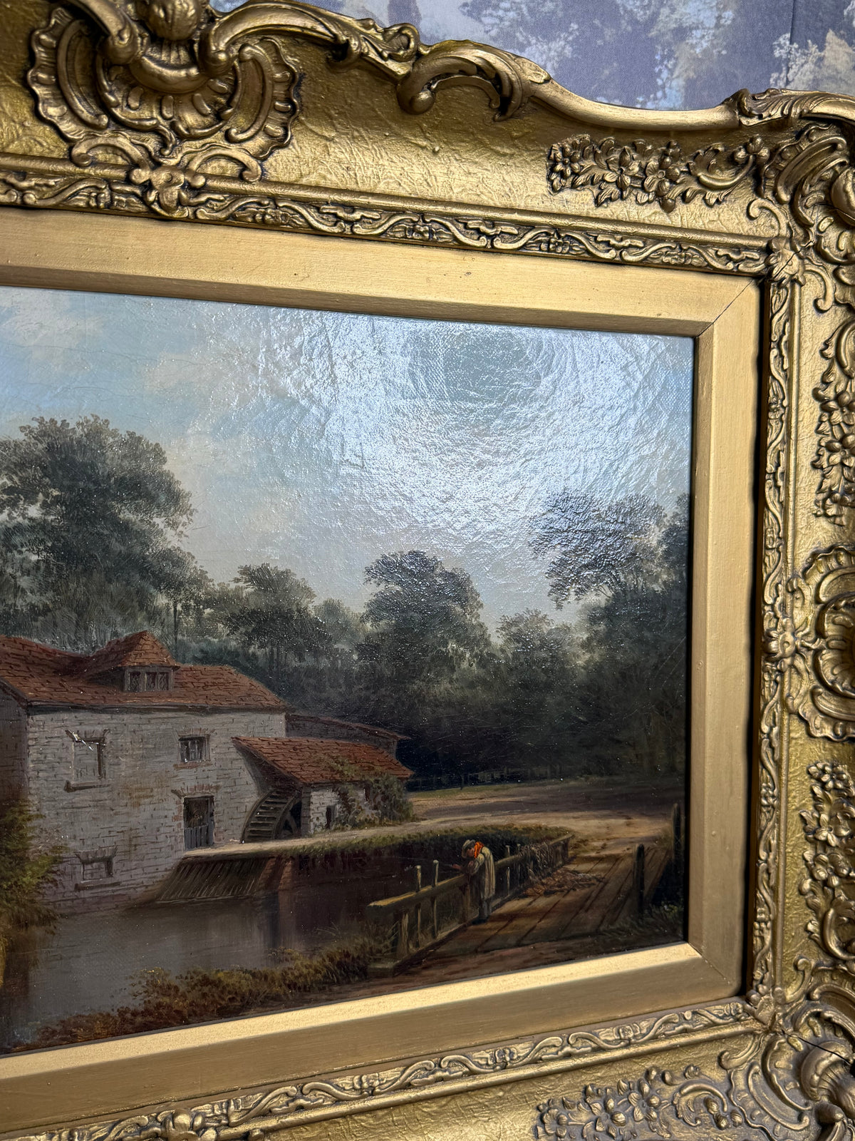Antique A. Coleman English Landscape Oil Painting “Millpond Fishing” | Signed & Dated 1885 | Giltwood | Framed 19.75”H × 27.5”W