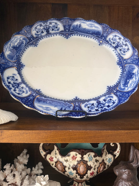 Antique English Flow Blue XL 19” Oval Transferware Platter with Hunt Scene & Floral Border –