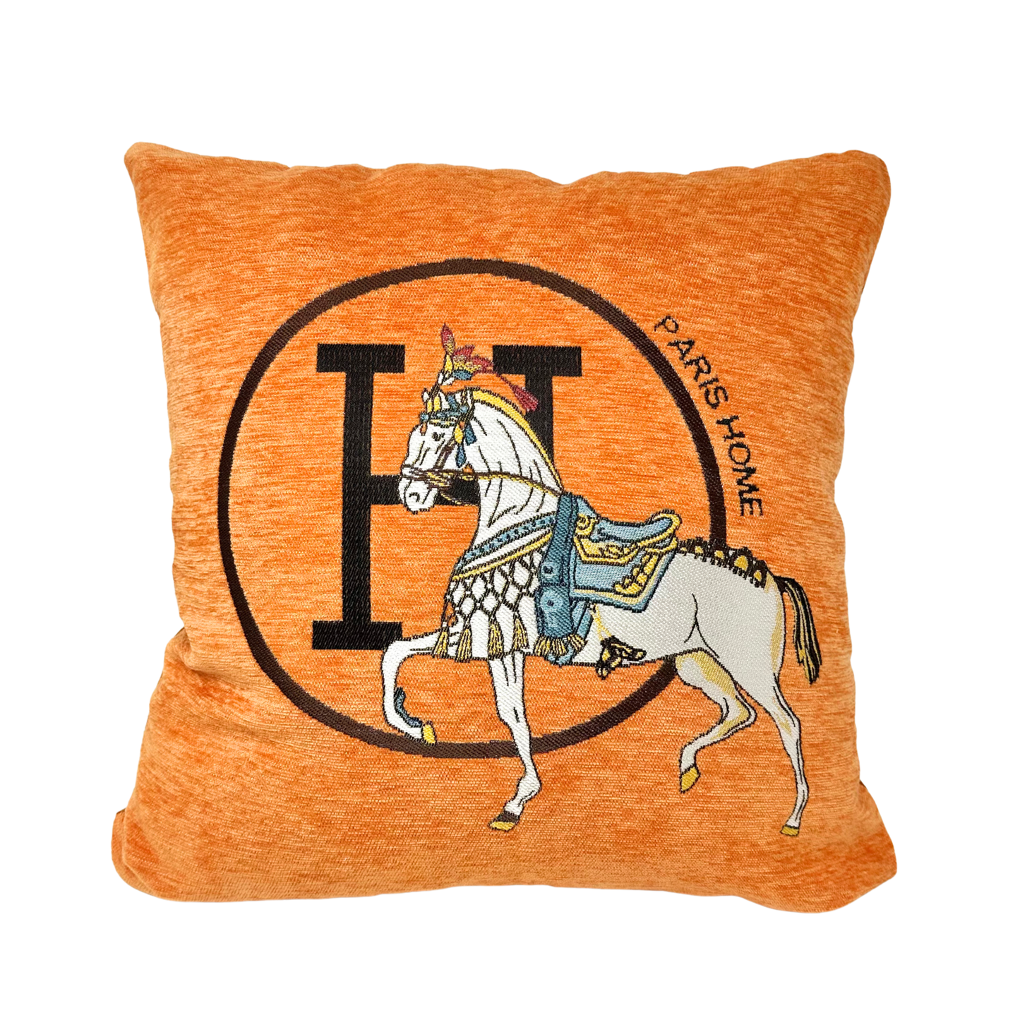 Luxury Equestrian “H” Square Horse Pillow W/Down Insert – Orange, 18x18”