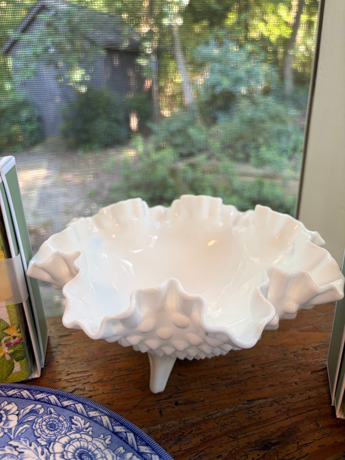 Beautiful white milk glass footed, ruffled hobnail bowl!