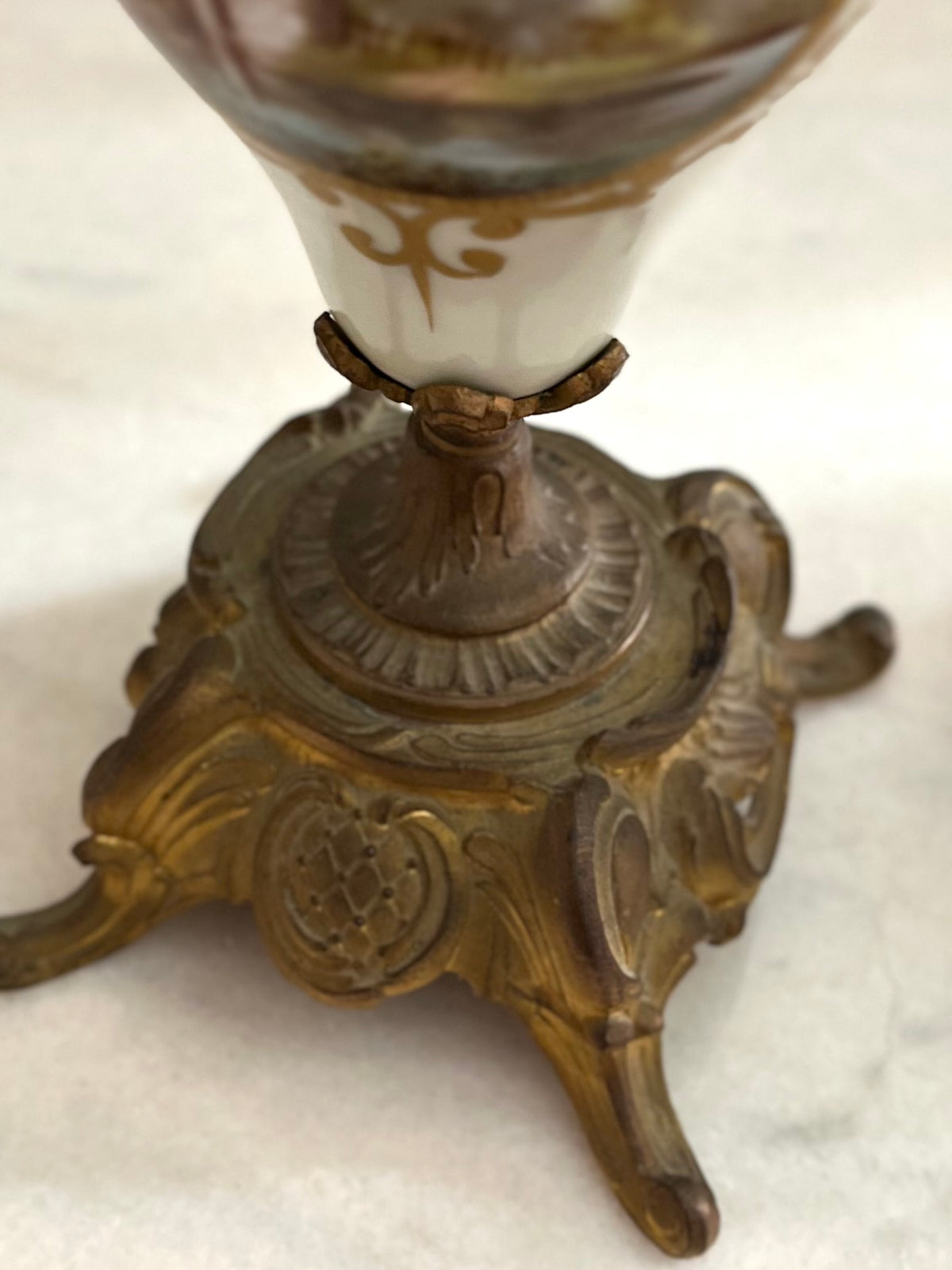 Pair of French Hand-Painted Pastoral Porcelain & Bronze Garniture Urns