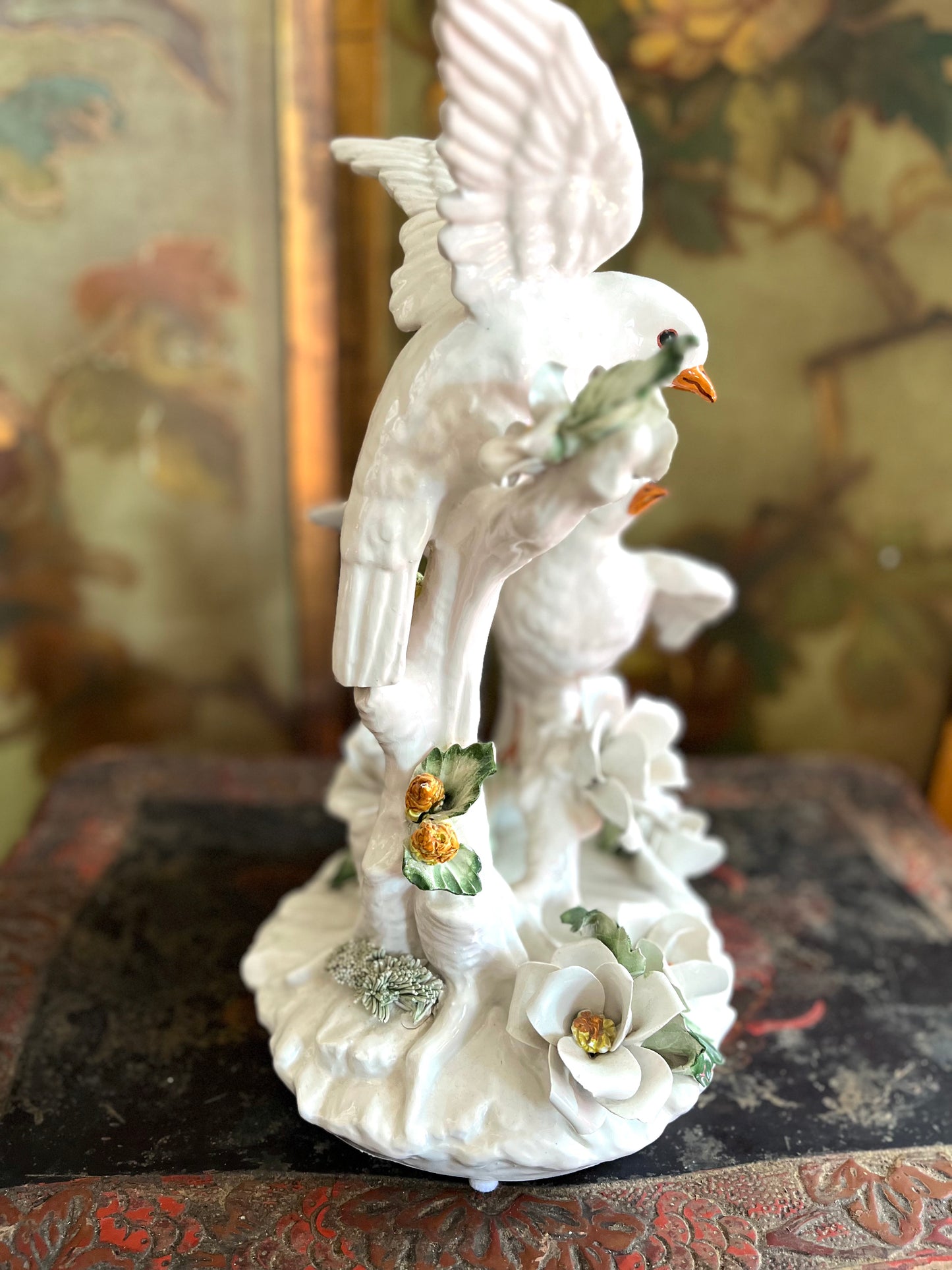 Live 08/25 Gorgeous Large Italian Porcelain Dove Pair with Hand-Applied Flowers – 14”