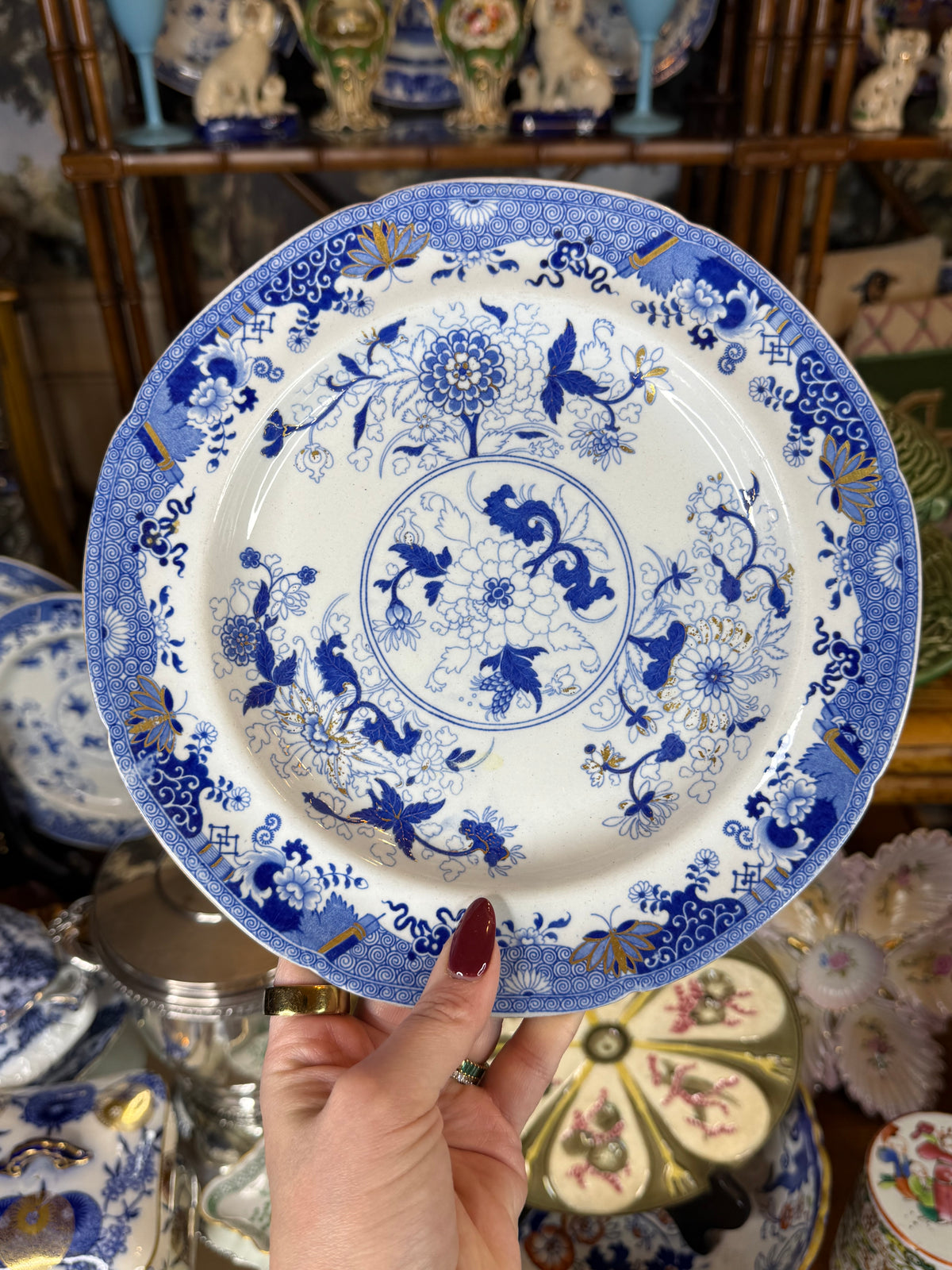Antique Spode “Stone China” Blue & White Gilt Chinoiserie Dinner Plates – Set of 5 | Regency c.1815–1825 | 9.5” D