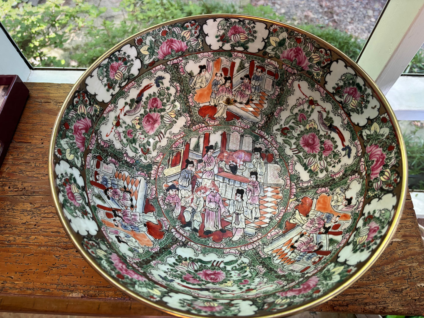 Stunning 14 1/4” Famille rose bowl with gold rim!