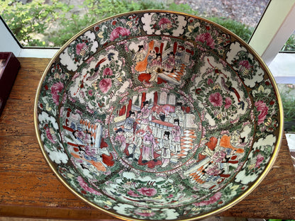 Stunning 14 1/4” Famille rose bowl with gold rim!