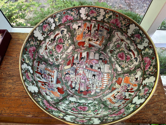 Stunning 14 1/4” Famille rose bowl with gold rim!