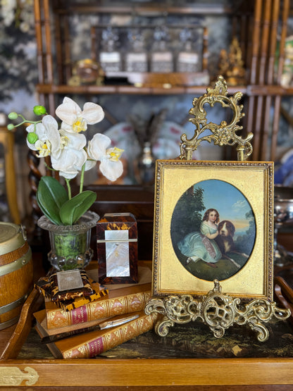 Antique c.1850 Oil on Tin After Franz Xaver Winterhalter | Mlle Virginie de Sainte-Aldegonde with Mastiff | Original Gilt Wood Frame | 8” × 7”