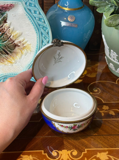 Vintage Limoges France Hand-Painted Trinket Box | Cobalt Blue & Gold with Bird and Floral Motif | 5” Diameter | #DA4364