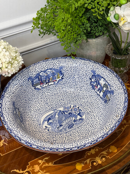 Antique Adams Chinese Bird Wash Basin | Large Blue & White English Transferware Bowl | 15”