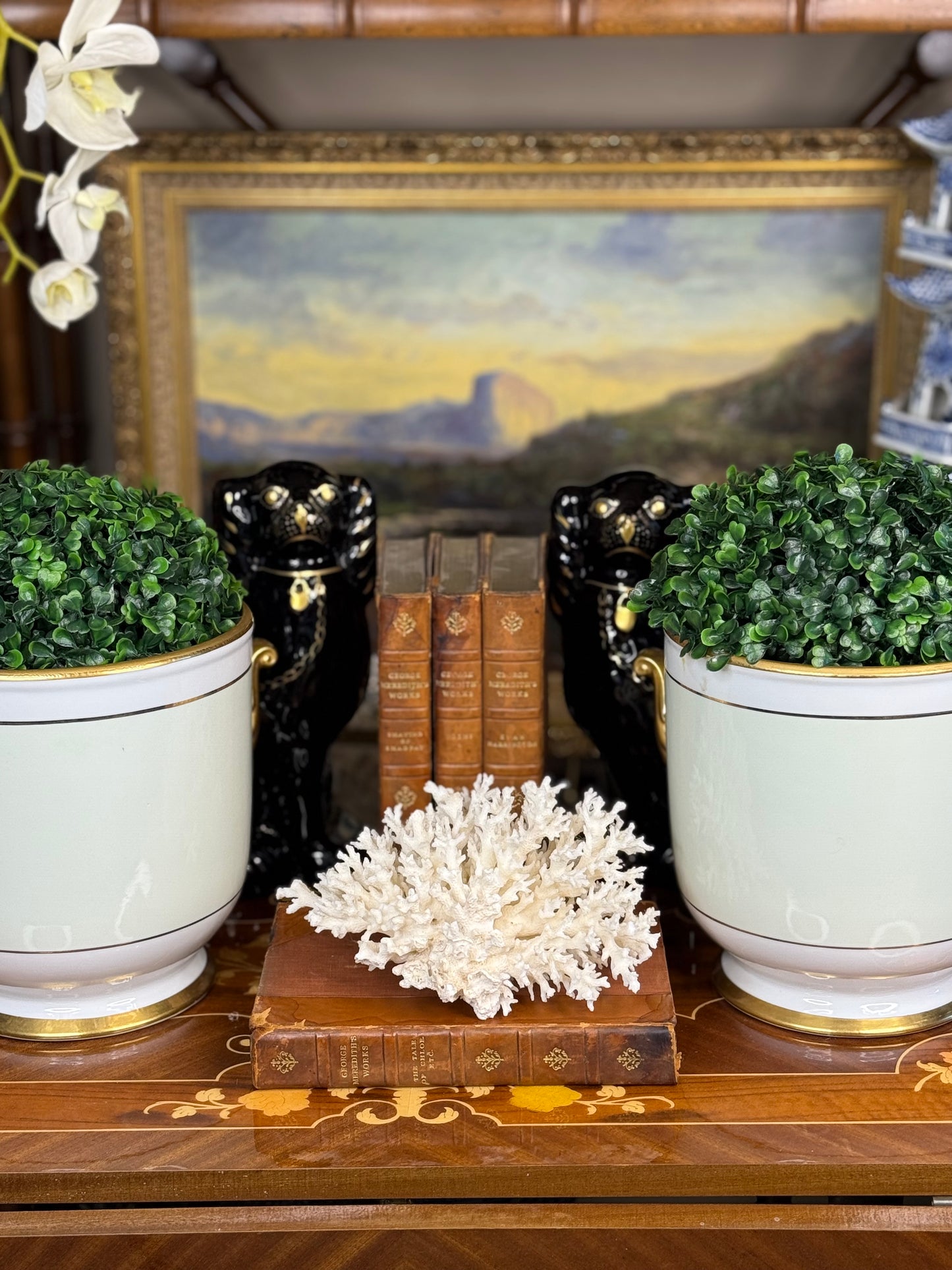 Pair of Green & Gold Porcelain Cachepots – 7” | Classic French-Style Planters