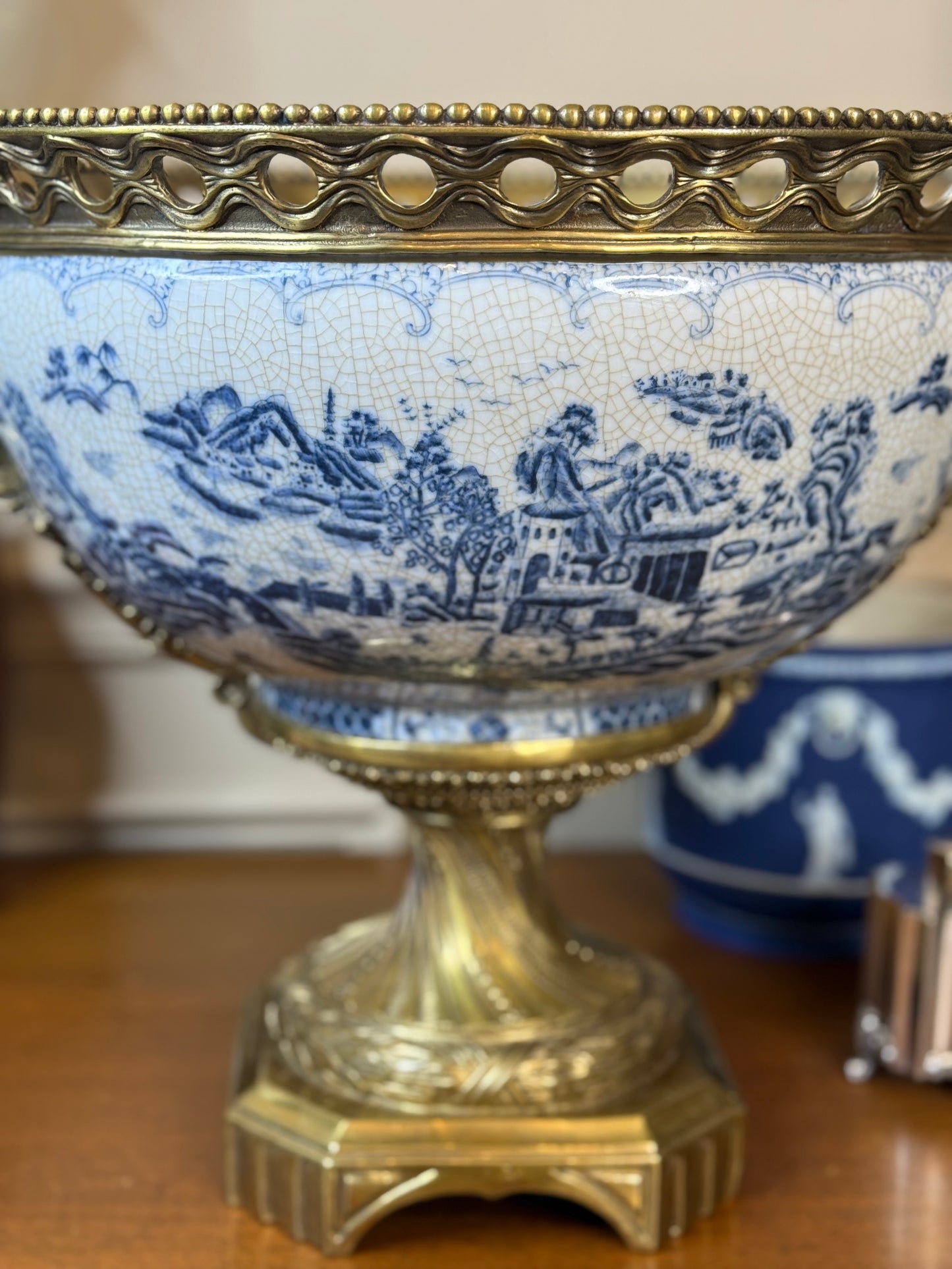 Danny's Fine Porcelain - X-Large Blue & White Basin W/ Bronze Ormolu, 23Lx16Wx17H