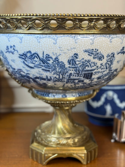 Danny's Fine Porcelain - X-Large Blue & White Basin W/ Bronze Ormolu, 23Lx16Wx17H