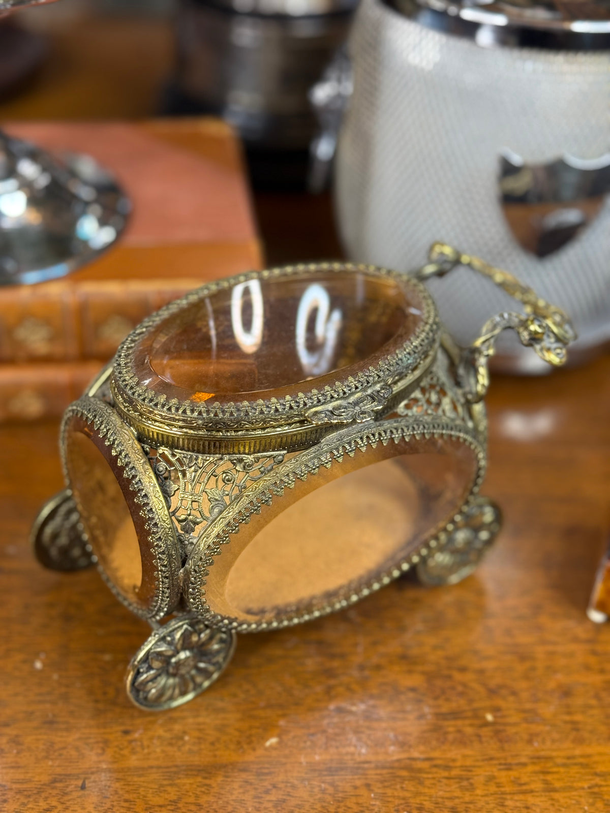 Vintage Ormolu Carriage Jewelry Casket with Amber Bubble Glass– 6”L