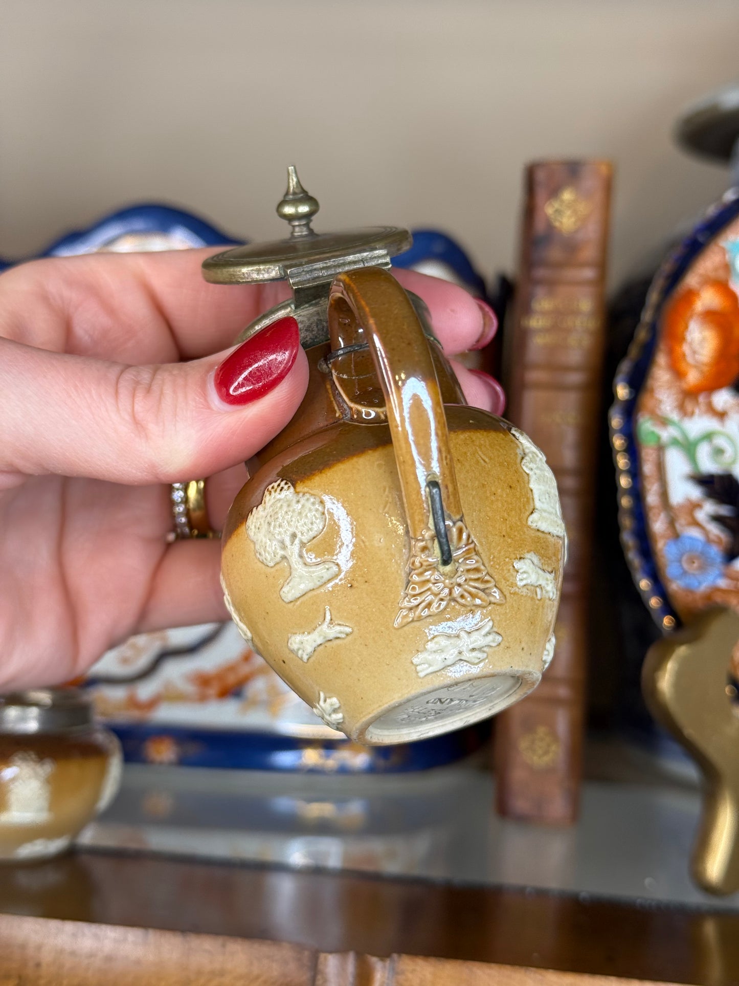 Antique Doulton Lambeth Stoneware Condiment Set – Mustard Pot and Salts, c.1890, Stapled