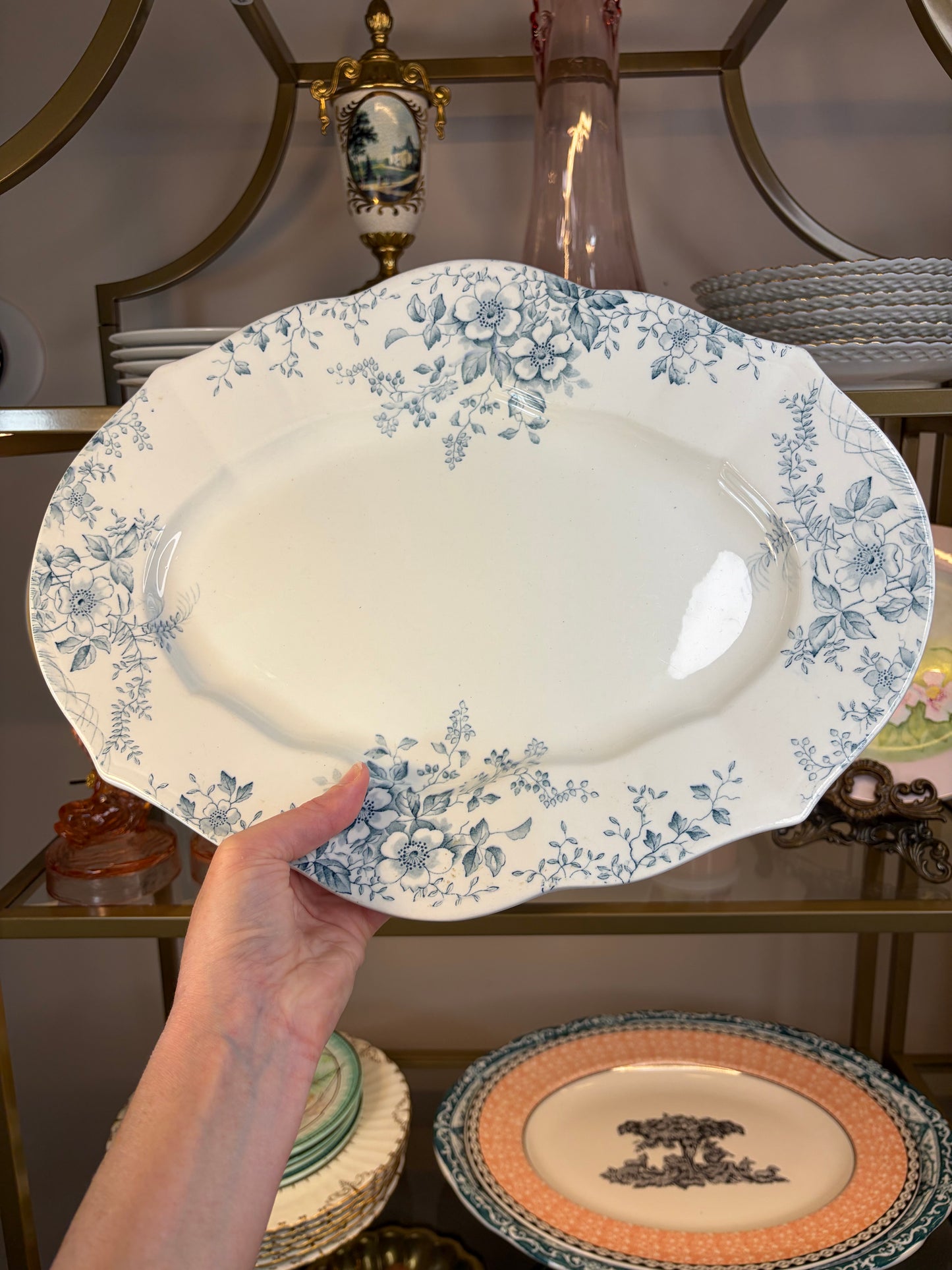 Lovely teal floral transferware platter!