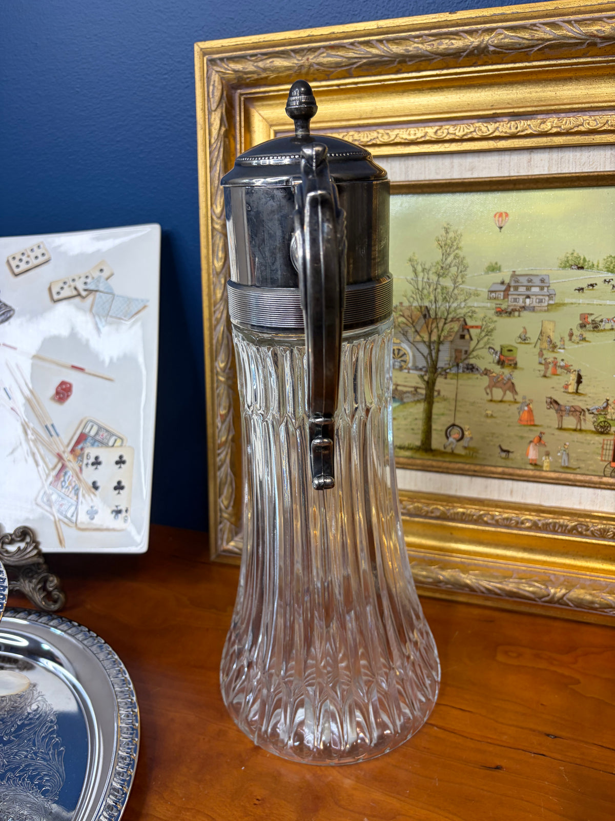 Vintage carafe cut glass pitcher with silver top!