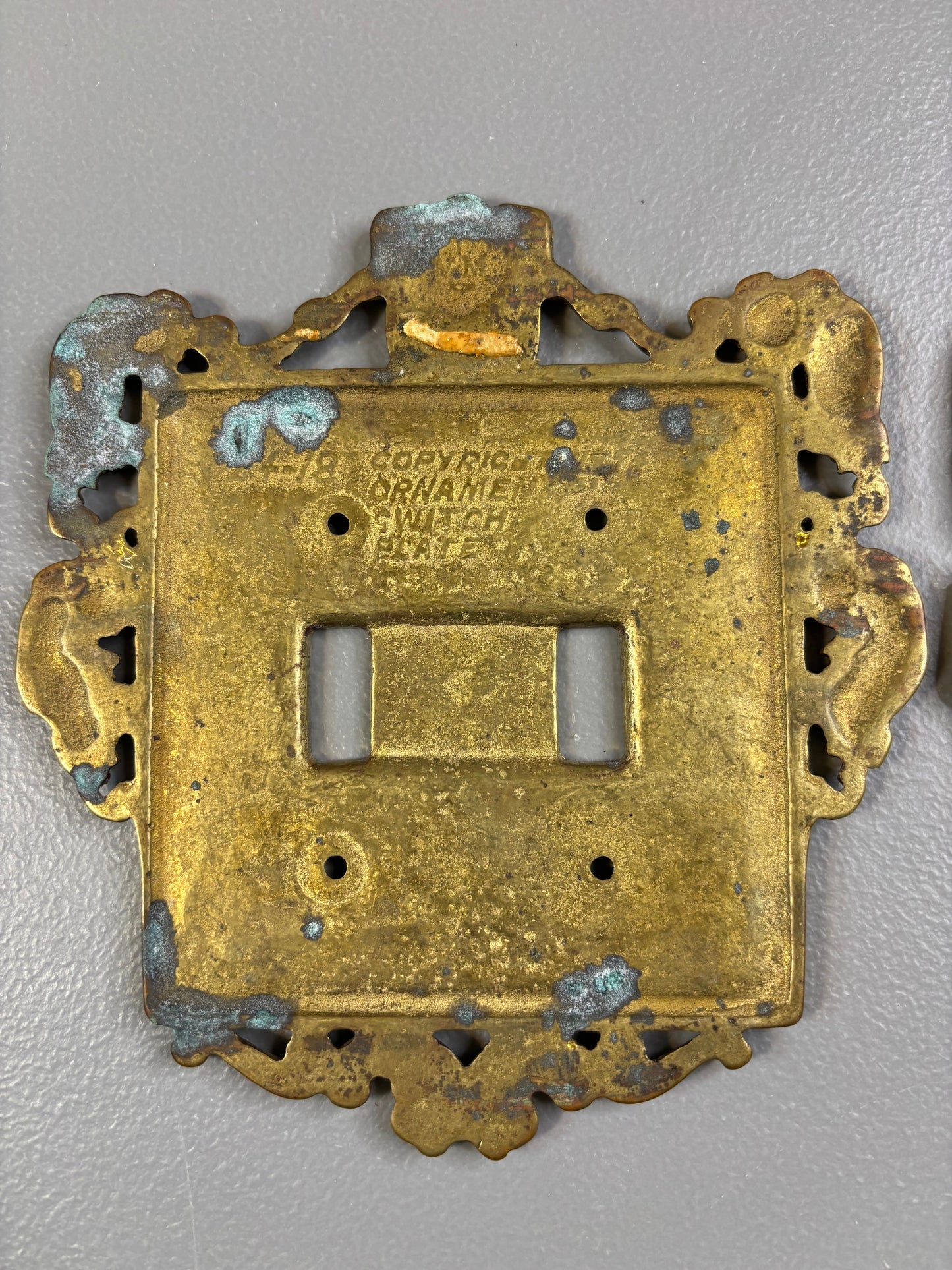 Gorgeous Virginia Metalcrafters brass switch plate cover for double switch with patina!