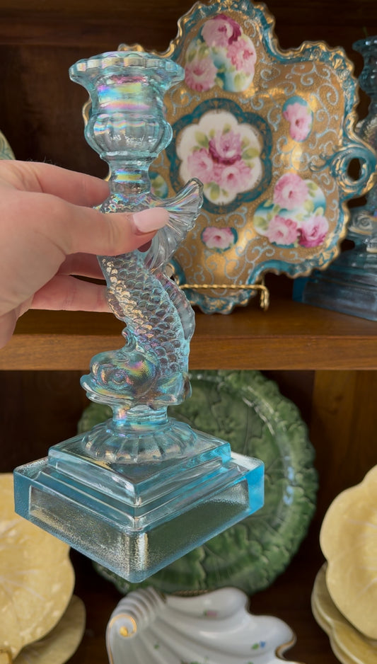 Live Sale 11/25 for Queen Bee - Vintage Pair Ice Blue Iridescent 9” Koi Fish Candlesticks + Aqua Tapers