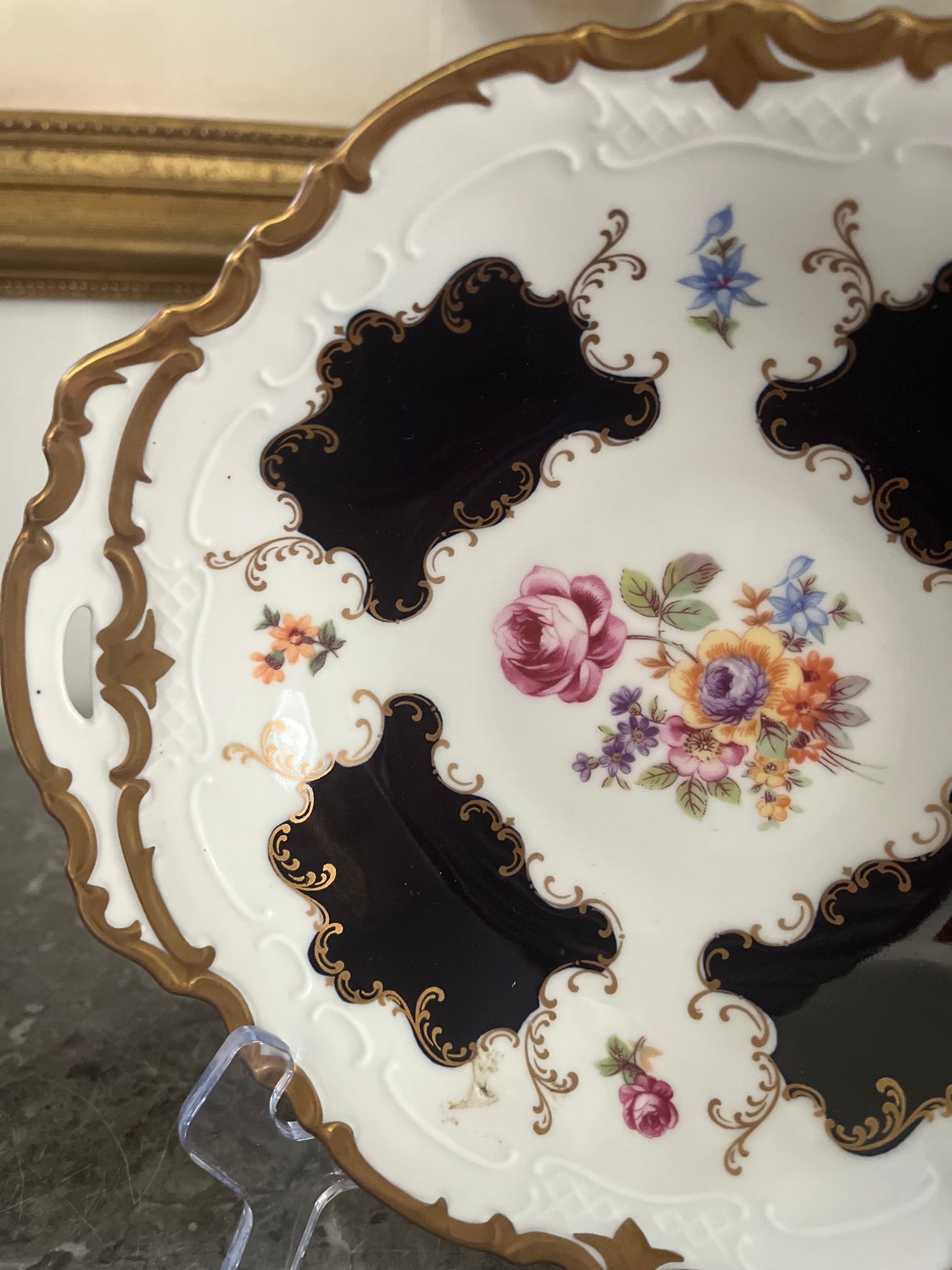 Elegant Rosenthal Echt-Kobalt Pierced Handle Dessert Dish | Cobalt & Gold Floral Porcelain | West Germany