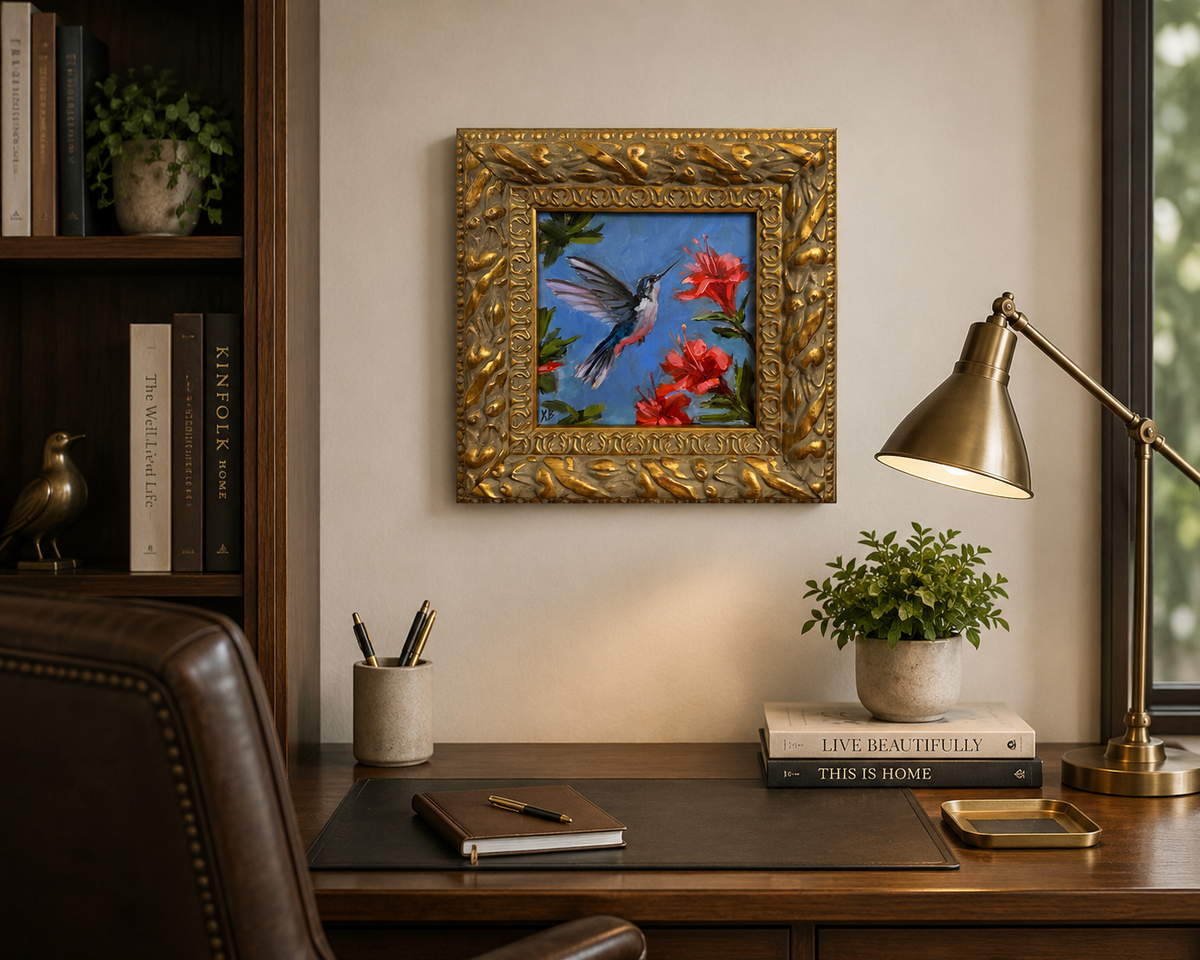 Hummingbird and red flowers original oil painting framed in wooden gold frame 9.5x9.5”