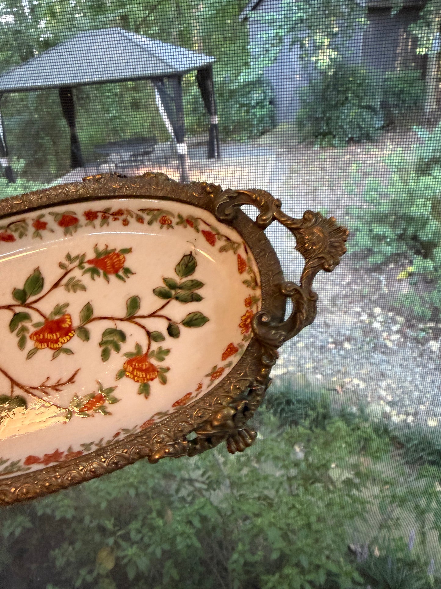 Gorgeous bronze footed floral dish!