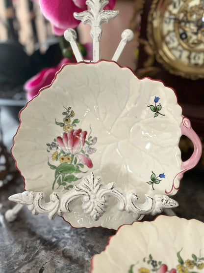RESERVED - SANDEE - Live 06/09 Beautiful Set Of 4 Luneville Antique French Faience Leaf Shaped Plates