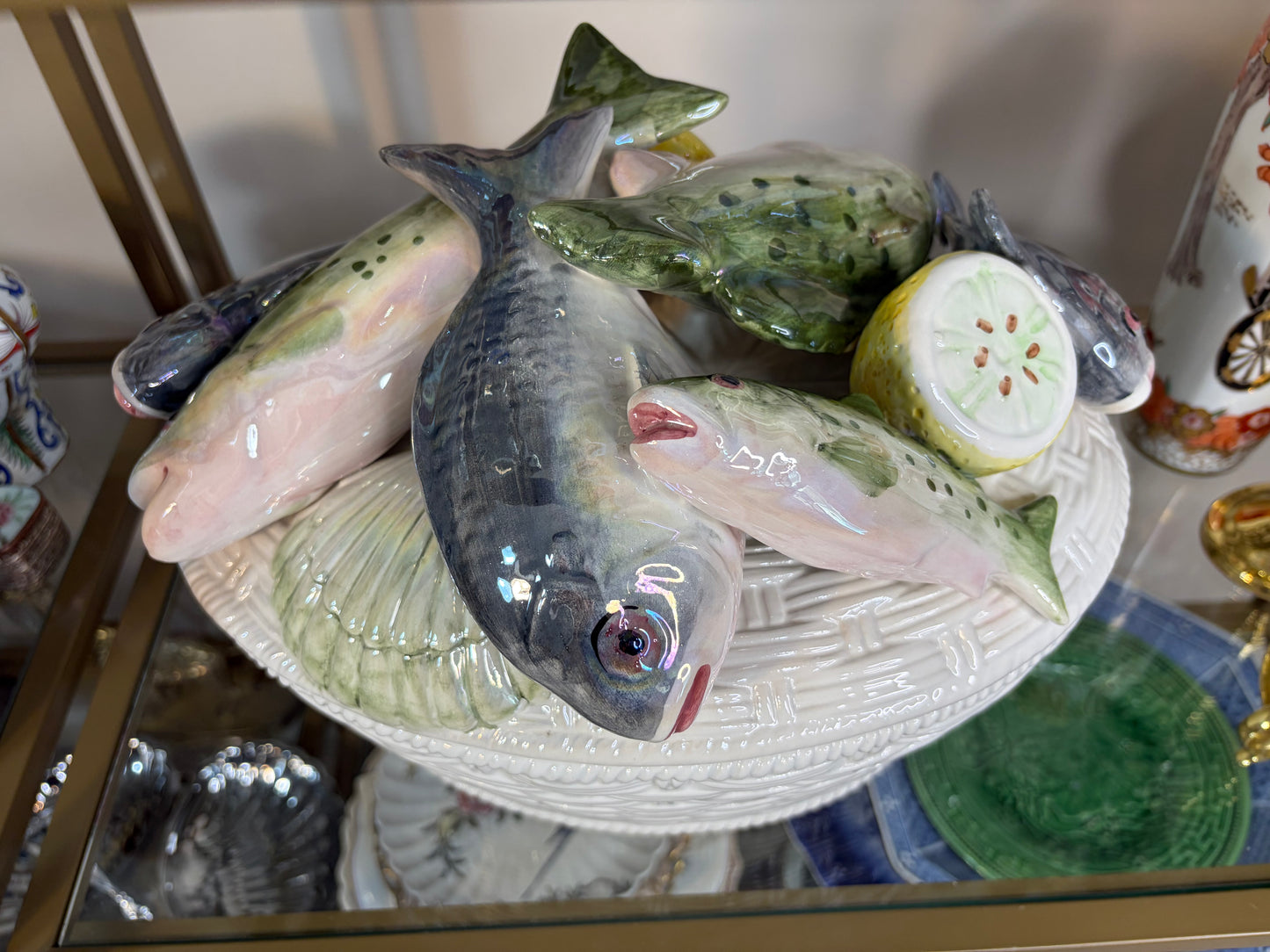 Stunning Italian Fish Tureen with raised fish and lemons and basket design!