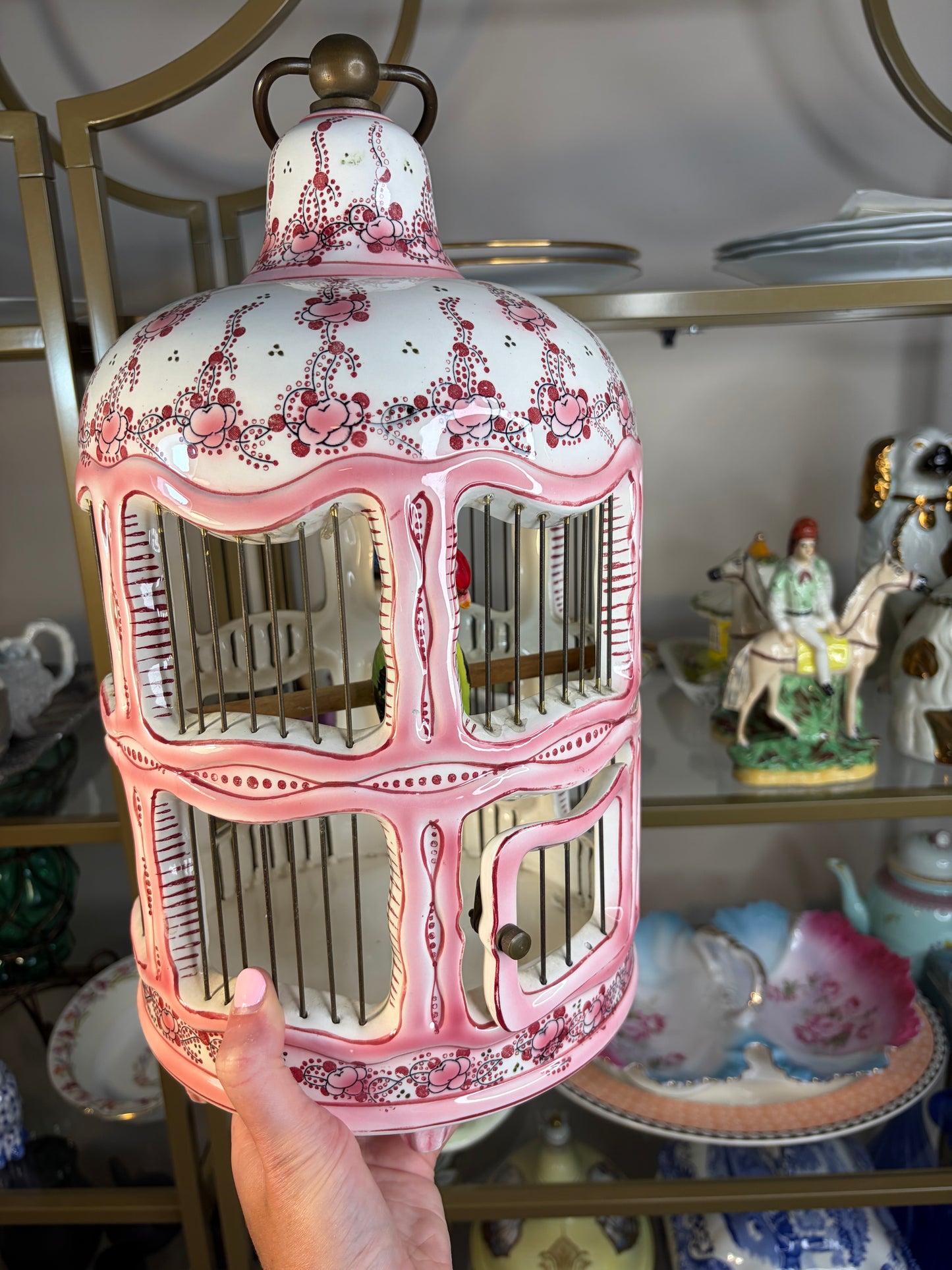 Stunning chinoiserie pink and white bird cage with bird! As is!