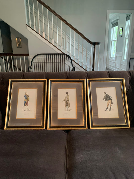 Set of (3) Colored Engravings of 19th Century French Theater in Gilded Wood Frames