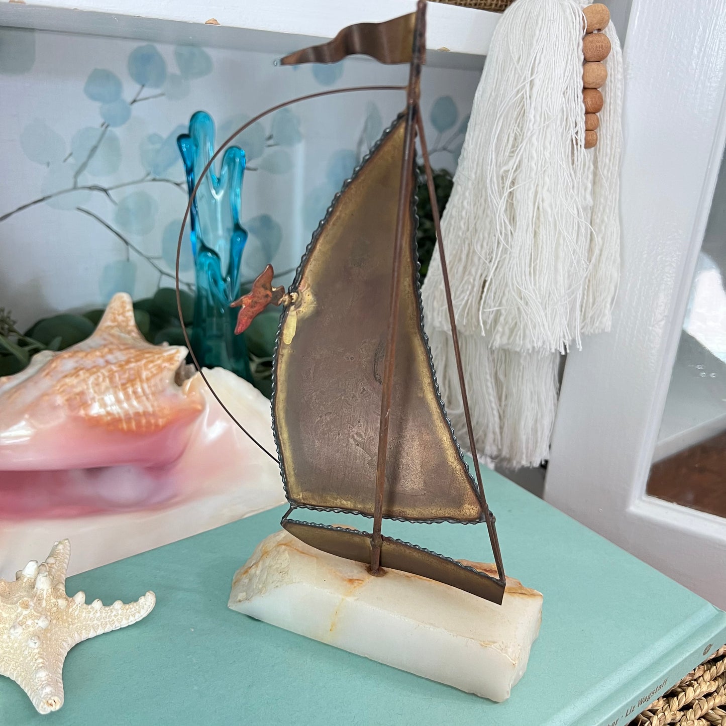 Vintage Brass and Metal Sailboat on Onyx Base