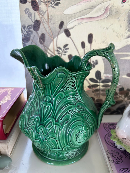 Antique English Green Majolica Pitcher 8” tall 7 1/2 wide
