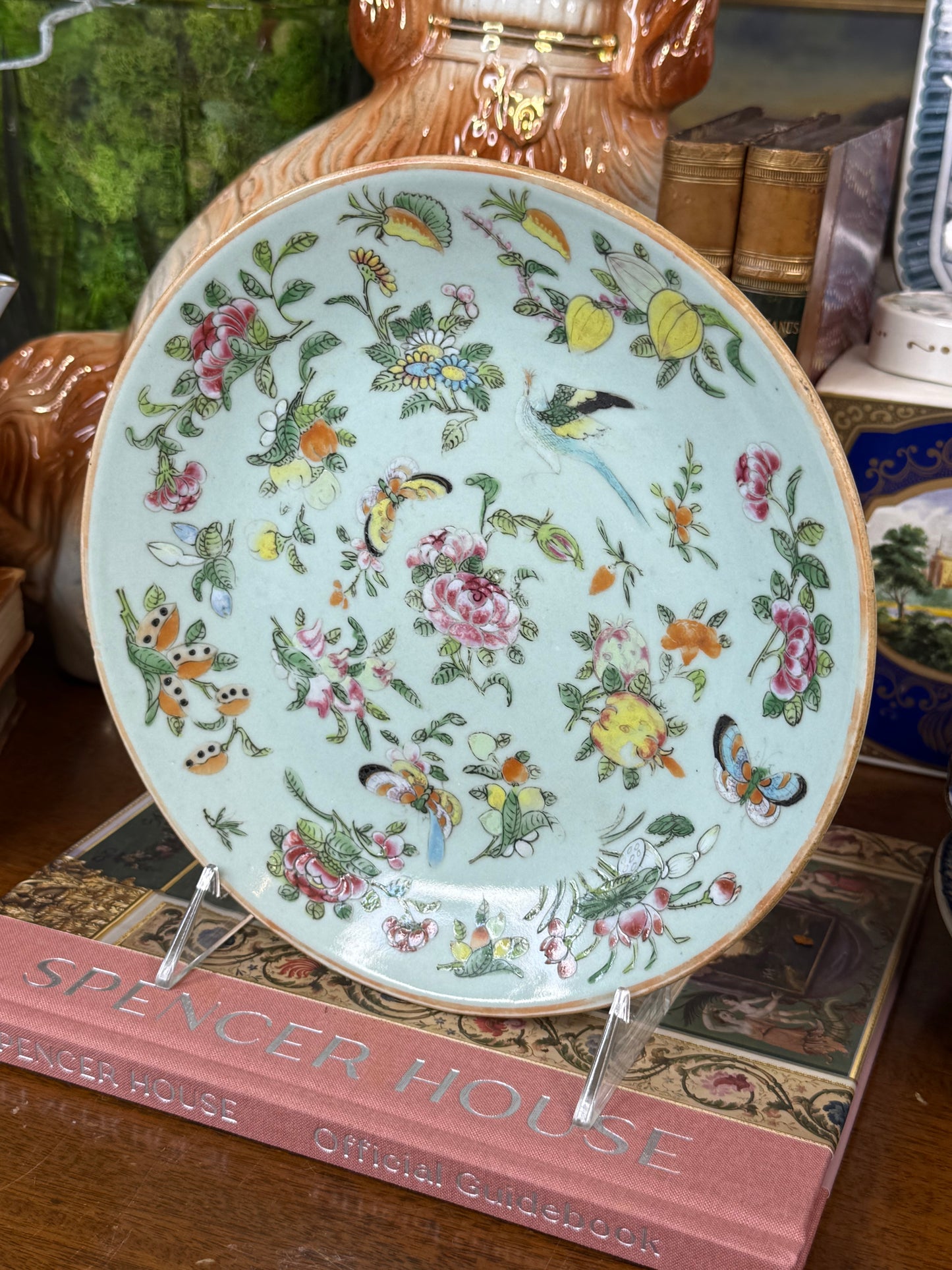 Antique Chinese Canton Celadon Famille Rose Bird & Butterfly Plate | Qing Dynasty, 19th Century | 8.75”