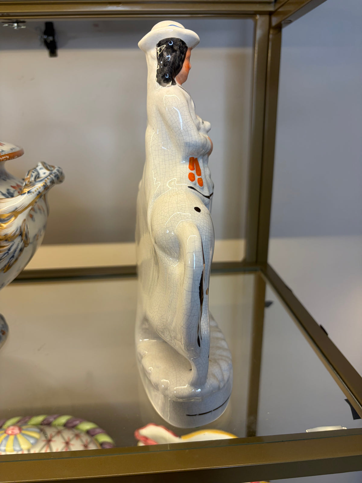 Lovely Staffordshire figurine on horse of girl holding a lamb!