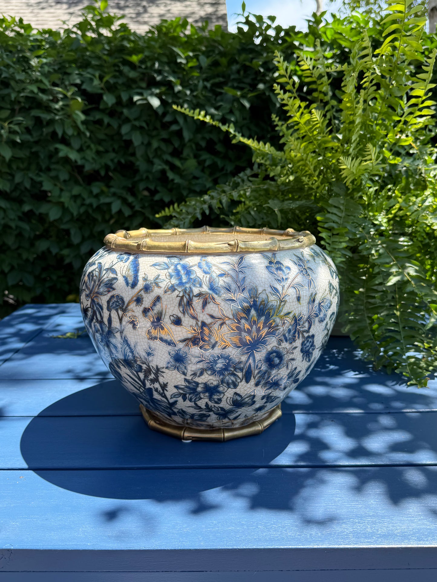 Danny’s Fine Porcelain - Midnight Garden Porcelain Floral Round Planter with Bronze Ormolu, 12"L x 12"W x 9"H