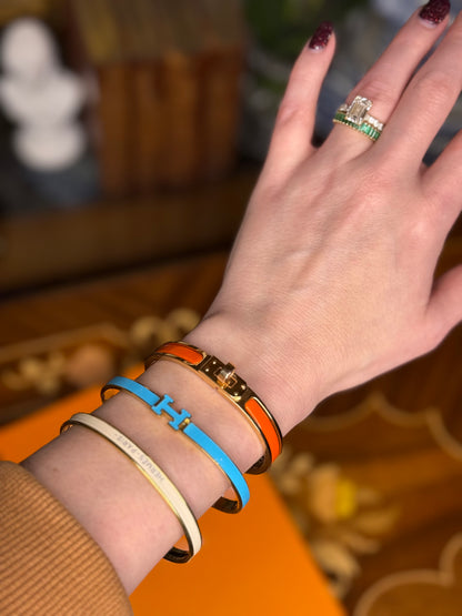 Turquoise Enamel “H” Gold Hinged Bangle Bracelet