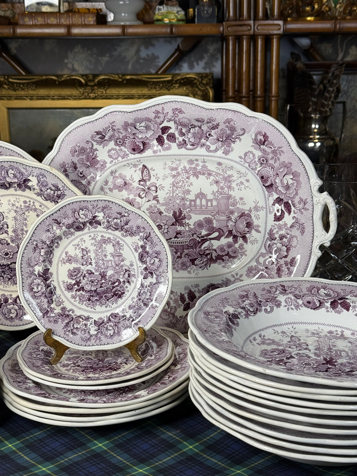 39 Pieces, Circa 1840 | Antique English Staffordshire “Canton Garden”Lavender/ Mulberry Transferware Dinner Service