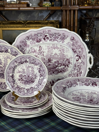 39 Pieces, Circa 1840 | Antique English Staffordshire “Canton Garden”Lavender/ Mulberry Transferware Dinner Service
