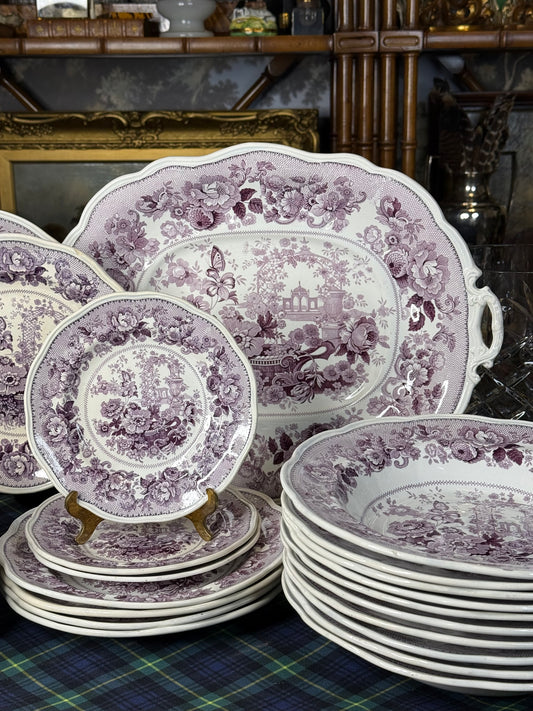 39 Pieces, Circa 1840 | Antique English Staffordshire “Canton Garden”Lavender/ Mulberry Transferware Dinner Service
