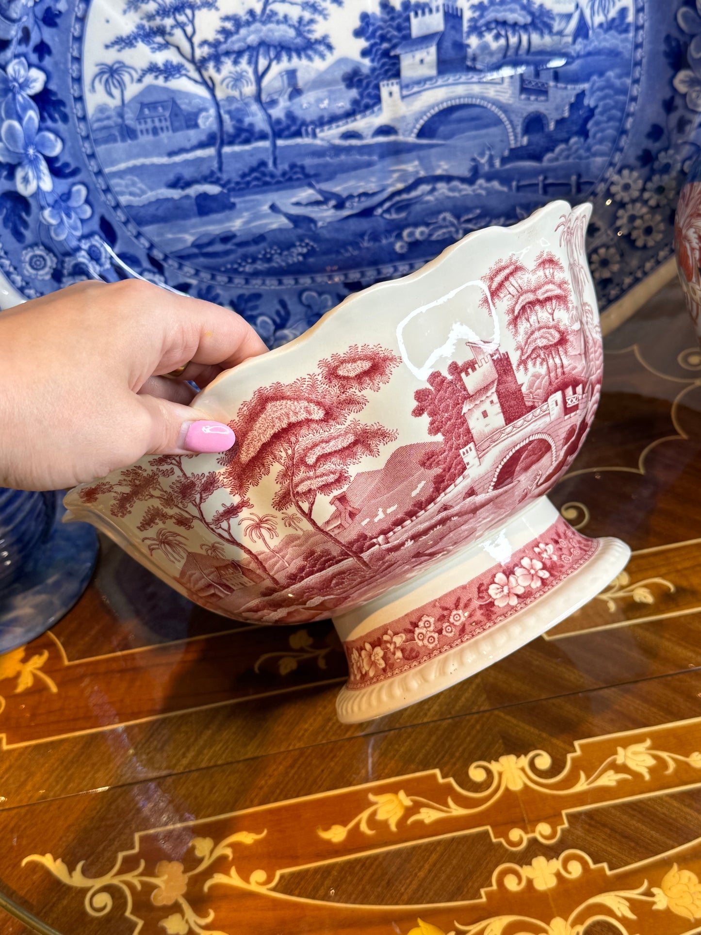 Antique Copeland Late Spode Pink/Red Tower Transferware Pedestal Bowl, 11.25” Diameter x 5.25” Tall, c. 1895–1910
