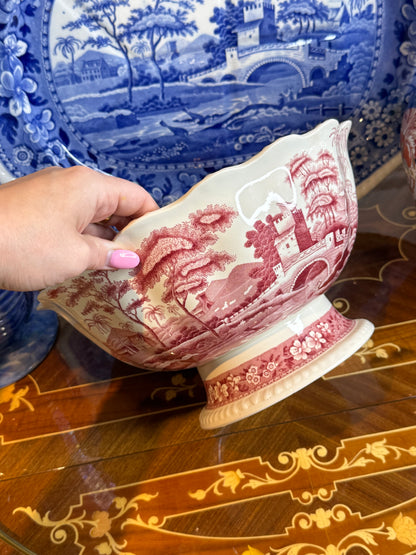 Antique Copeland Late Spode Pink/Red Tower Transferware Pedestal Bowl, 11.25” Diameter x 5.25” Tall, c. 1895–1910