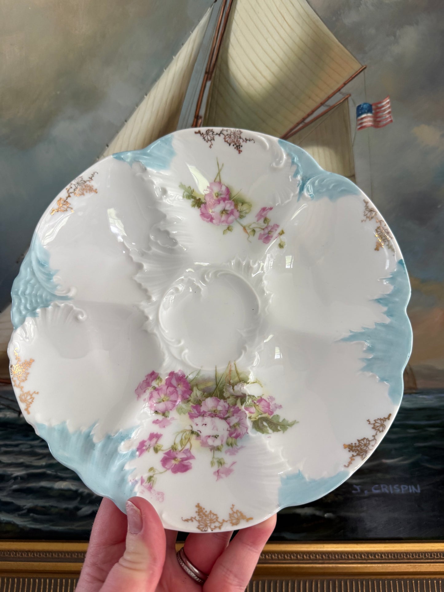 Antique Weimar Germany Porcelain Oyster Plate Blue Floral - Pristine